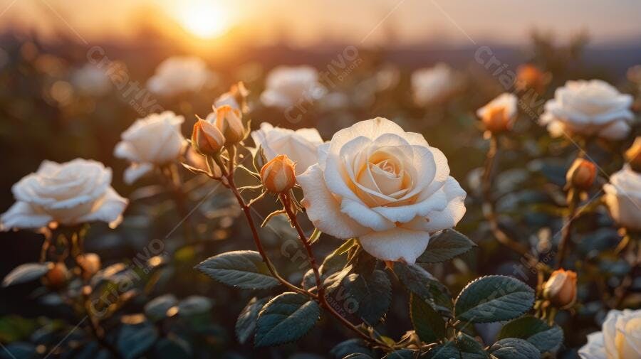 Foto Rosas Brancas Jardim Pôr do Sol Iluminação Dourada