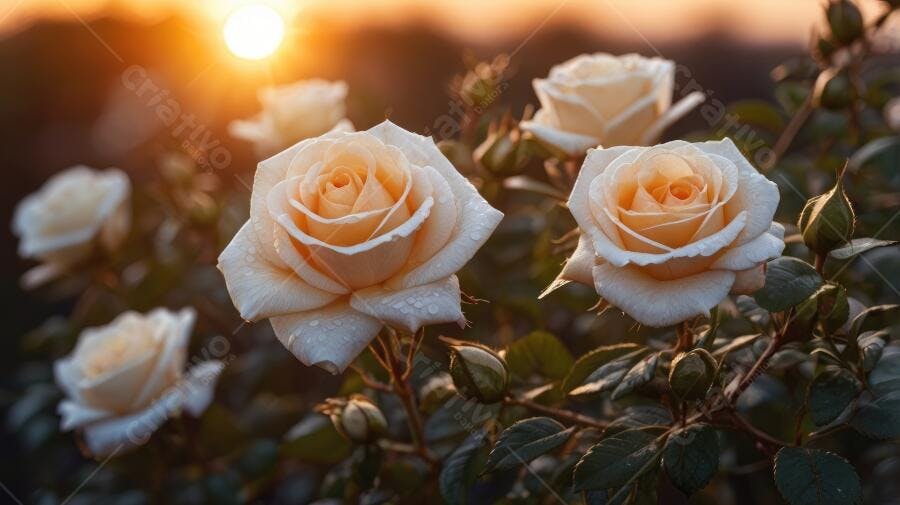 Foto Rosas Brancas e Pêssego Desabrochando Pôr do Sol Jardim