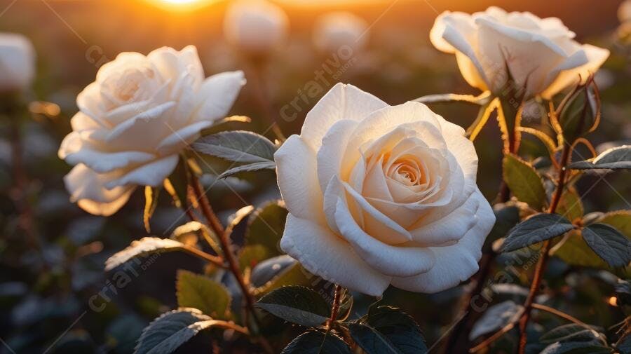 Foto Rosas Brancas Florescendo Jardim Iluminação Dourada