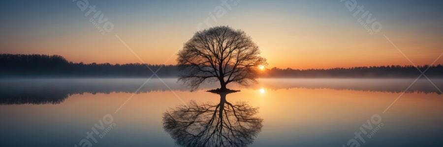 Foto Árvore Solitária Reflexo Lago Amanhecer Névoa