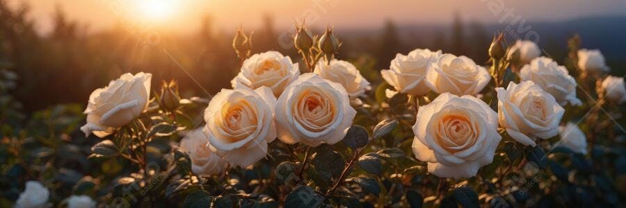 Foto Rosas Brancas Jardim Pôr do Sol Iluminação Dourada