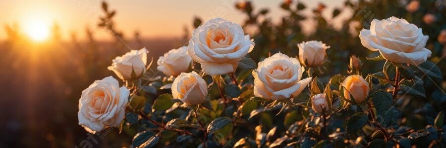 Foto Rosas Brancas Florescendo Jardim Pôr do Sol Dourado
