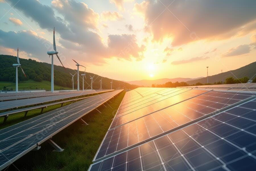 Foto Painéis Solares e Turbinas Eólicas Pôr do Sol Energia Limpa