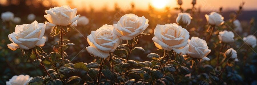 Foto Rosas Brancas Jardim Pôr do Sol Iluminação Dourada