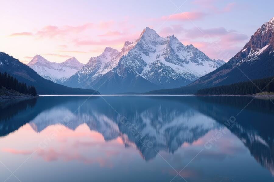 Foto Montanhas Nevadas Lago Espelhado Amanhecer Rosa Azul