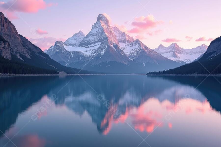Foto Montanhas Nevadas Lago Reflexo Pôr do Sol Rosa