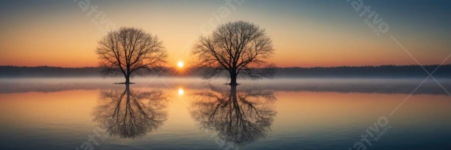 Foto Duas Árvores Silhueta Amanhecer Lago Neblina