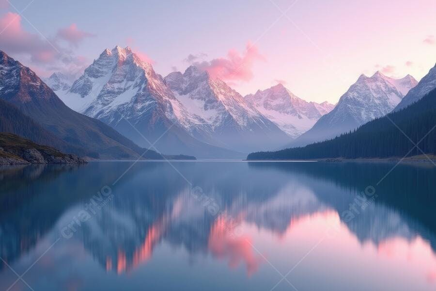Foto Montanhas Nevadas Lago Reflexo Céu Rosa Pôr do Sol