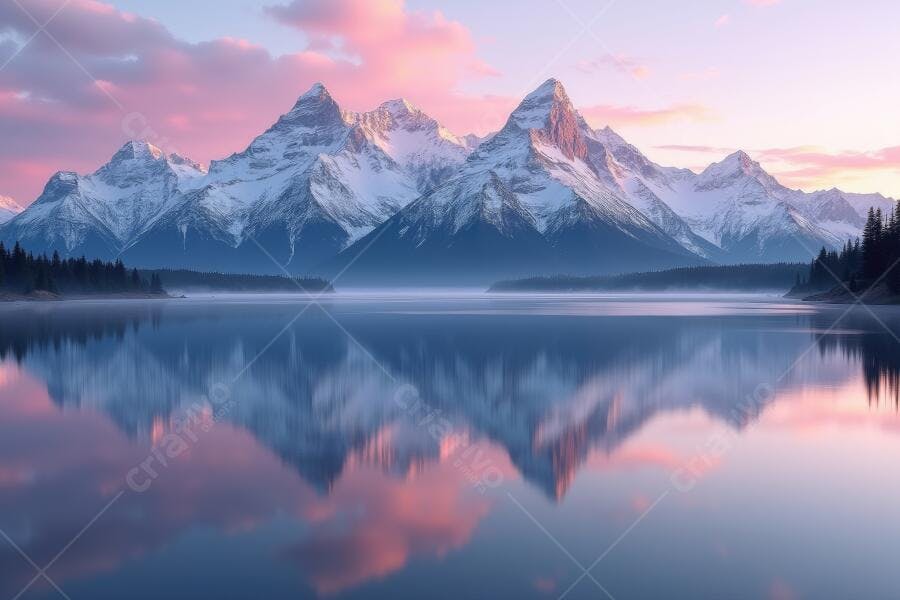Foto Montanhas Nevadas Lago Reflexo Céu Rosa Pôr do Sol