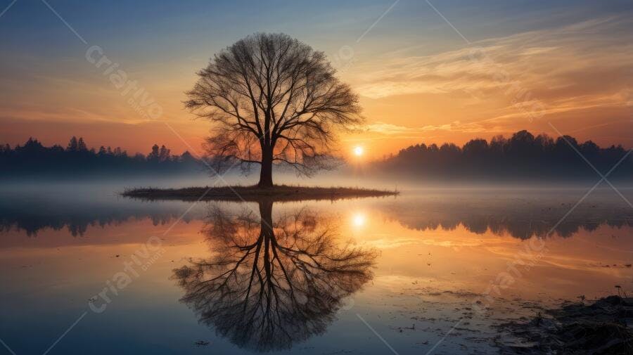 Foto Árvore Solitária Lago Nascer do Sol Reflexo Dourado