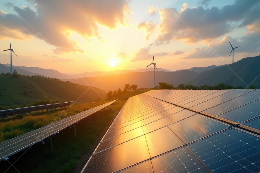 Foto Painéis Solares e Turbinas Eólicas Pôr do Sol Energia Limpa