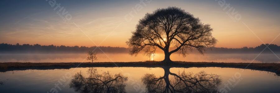 Foto Árvore Solitária Lago Nascer do Sol Neblina Dourada