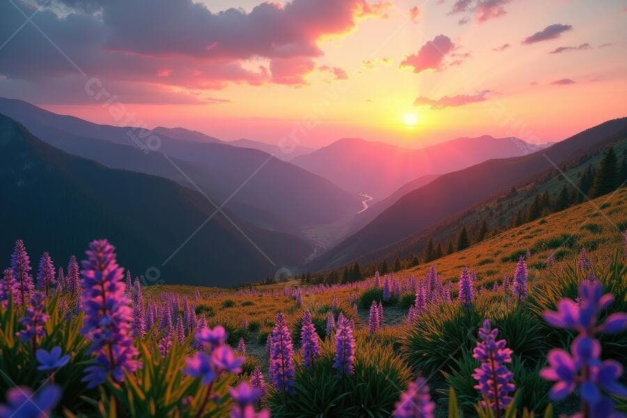 Foto Paisagem Montanhas Pôr do Sol Flores Roxas Campo