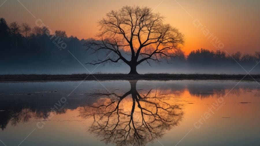 Foto Árvore Solitária Refletida Lago Pôr do Sol Dourado