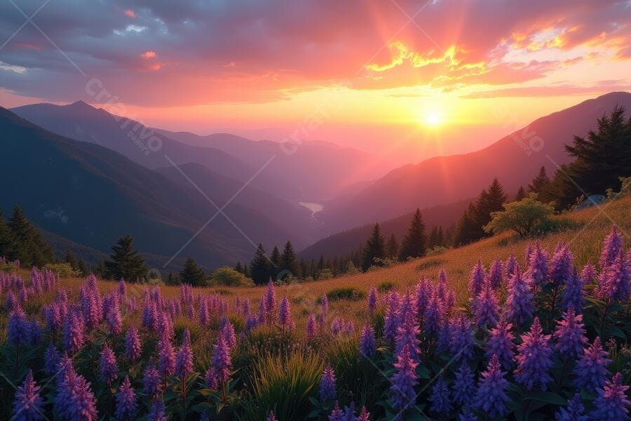 Foto Montanhas Pôr do Sol Flores Roxas Campo Aberto