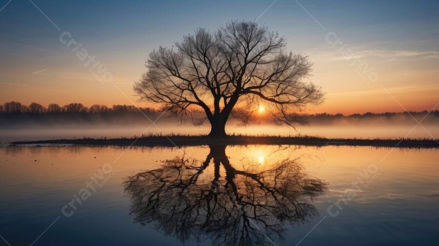 Foto Árvore Solitária Reflexo Água Amanhecer Dourado