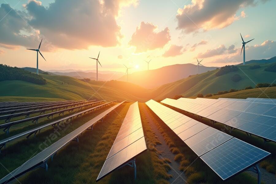 Foto Painéis Solares e Torres Eólicas Energia Renovável Pôr do Sol