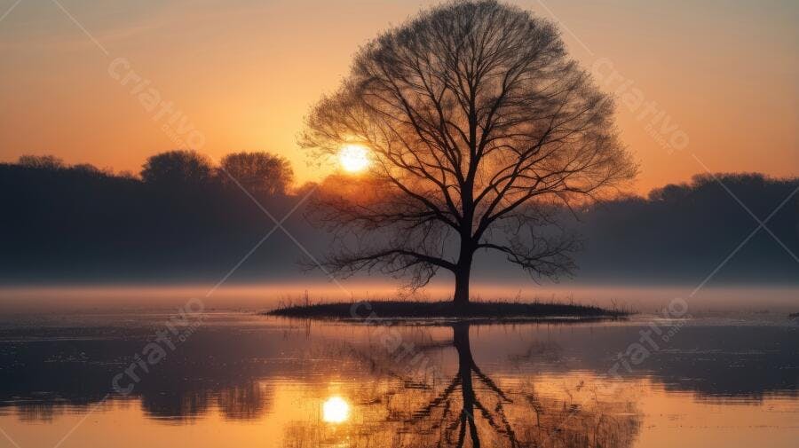 Foto Árvore Solitária Lago Amanhecer Névoa Dourada