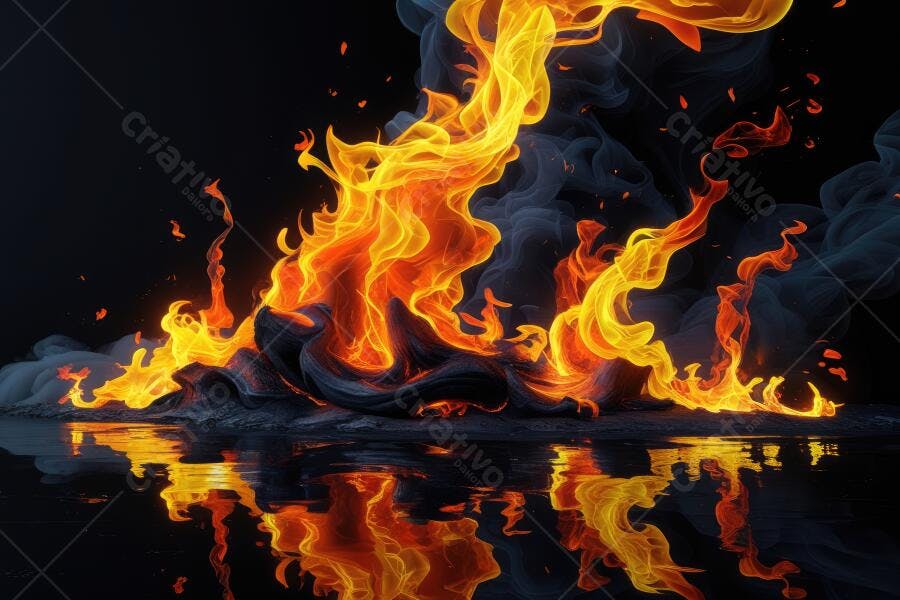 Foto Fogo Chamas Intensas com Fumaça e Reflexo na Água Escura