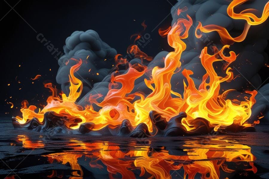 Fogo Chamas Intensas Fundo Escuro com Fumaça e Reflexo