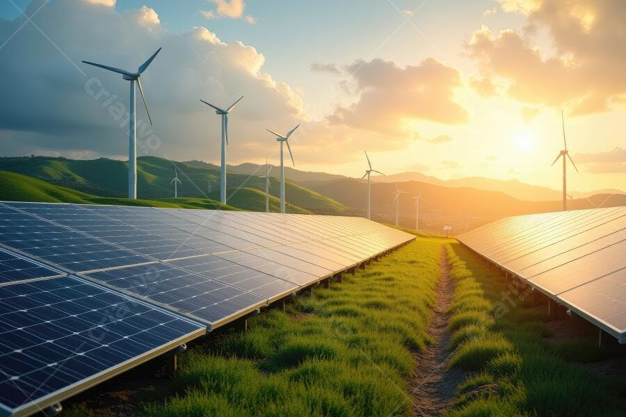 Foto Painéis Solares e Turbinas Eólicas Pôr do Sol Energia Limpa