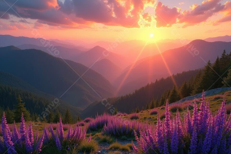 Foto Paisagem Montanhas Pôr do Sol Flores Roxas Natureza