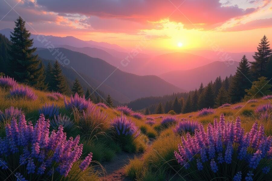 Foto Paisagem Montanhas Flores Roxas Pôr do Sol Dourado