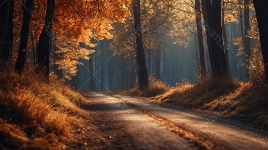 Foto Estrada Floresta Outono Raios de Sol Dourados