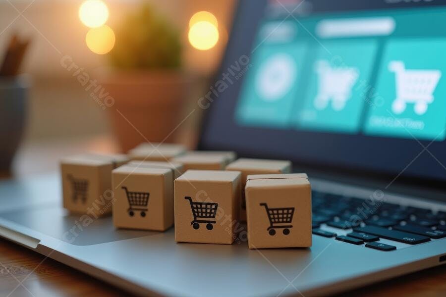 Foto E-commerce Caixas de Papelão Carrinho de Compras Notebook