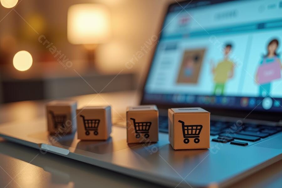 Foto Compras Online Notebook com Carrinhos de Papel E-commerce