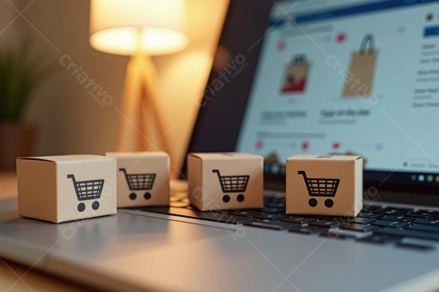 Foto Caixas de Papelão Carrinho Notebook E-commerce Online