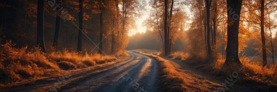 Foto Estrada de Terra Floresta Outono Amanhecer Dourado