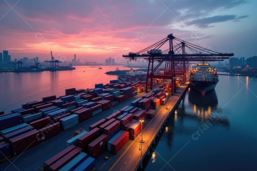 Foto Porto Comercial Navio Carga Contêineres Pôr do Sol