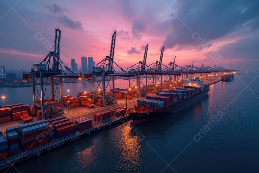 Foto Porto Comercial Contêineres Navio Carga Crepúsculo