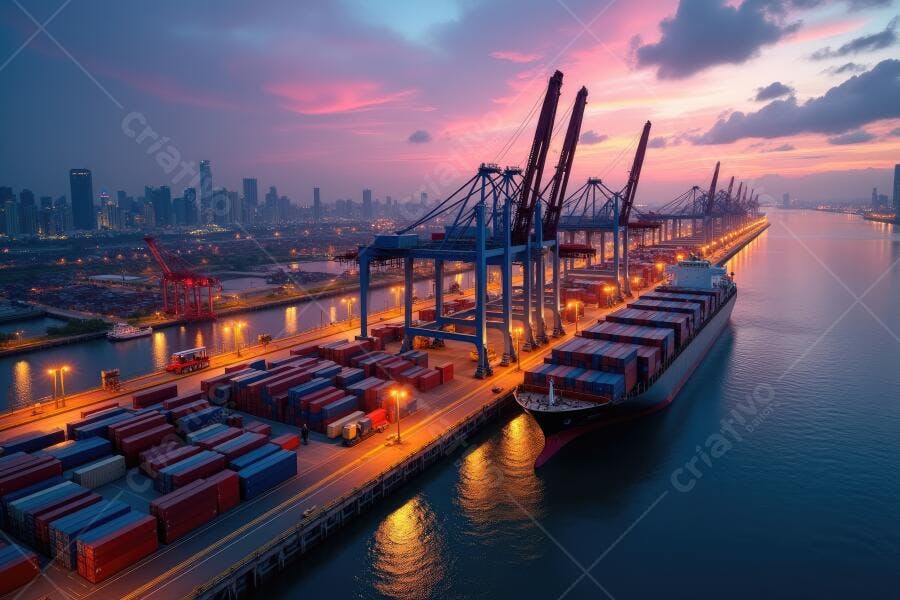 Foto Porto Comercial Navio Cargas Contêineres Pôr do Sol