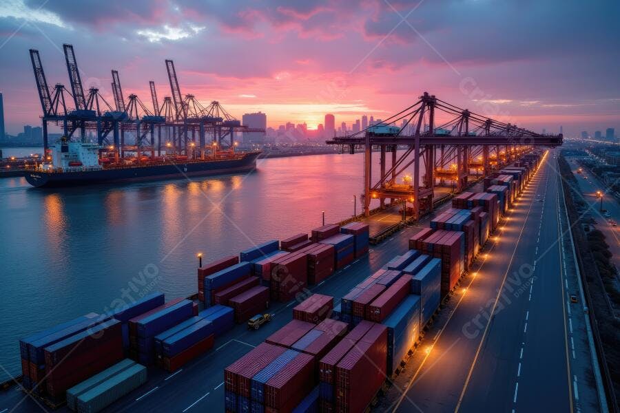 Foto Porto Comercial Contêineres Navio Guindastes Pôr do Sol