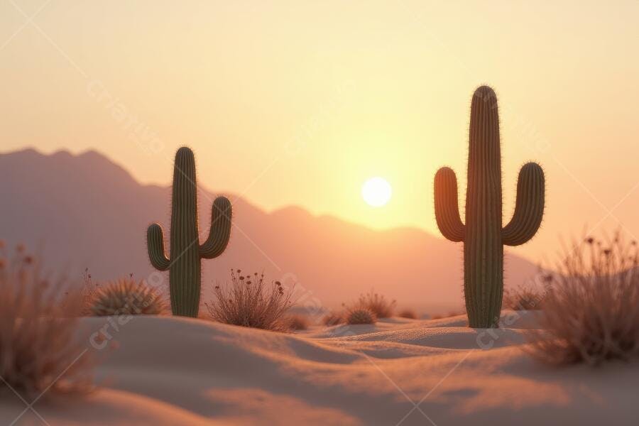 Foto Cactos Deserto Pôr do Sol Montanhas Dourado
