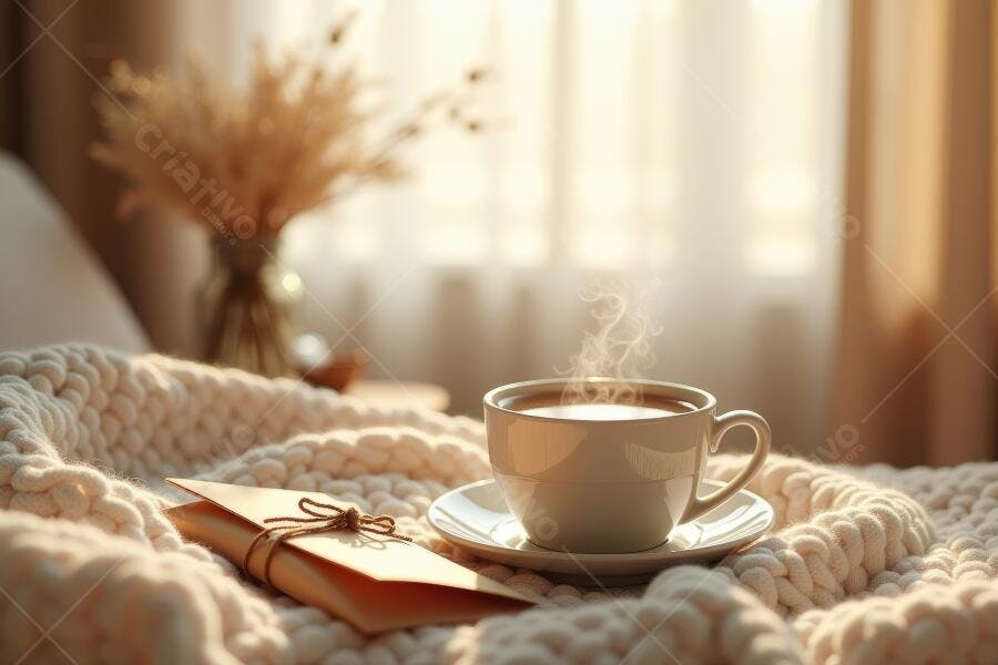 Foto Xícara de Café Quente Cama Manhã Aconchegante