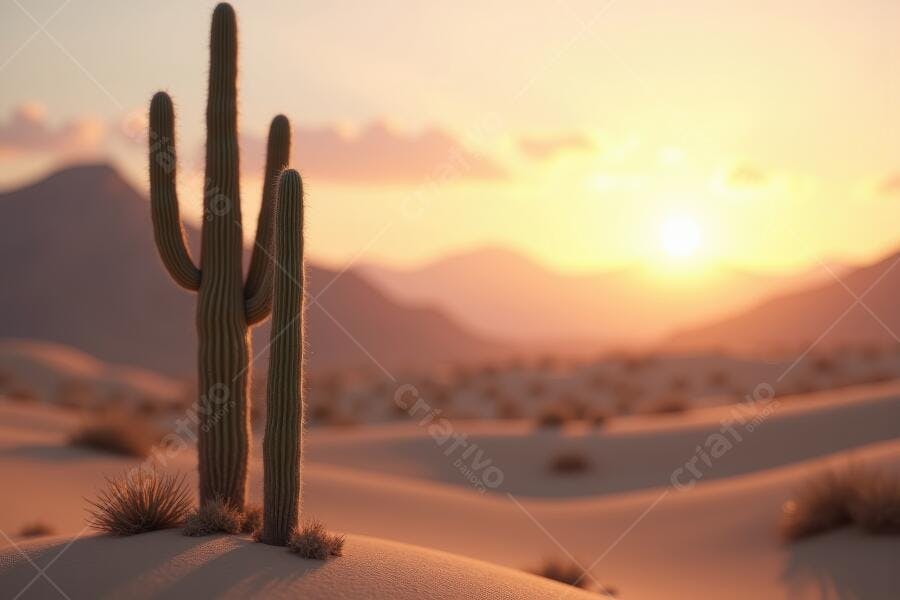 Foto Cacto Saguaro Deserto Pôr do Sol Dourado Paisagem