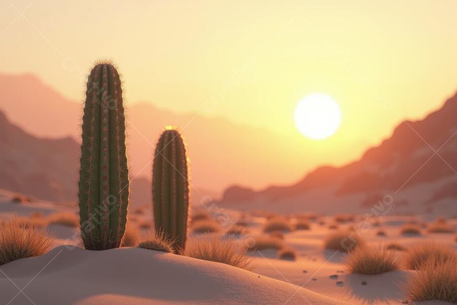 Foto Cactos no Deserto Pôr do Sol Dourado Paisagem Natural