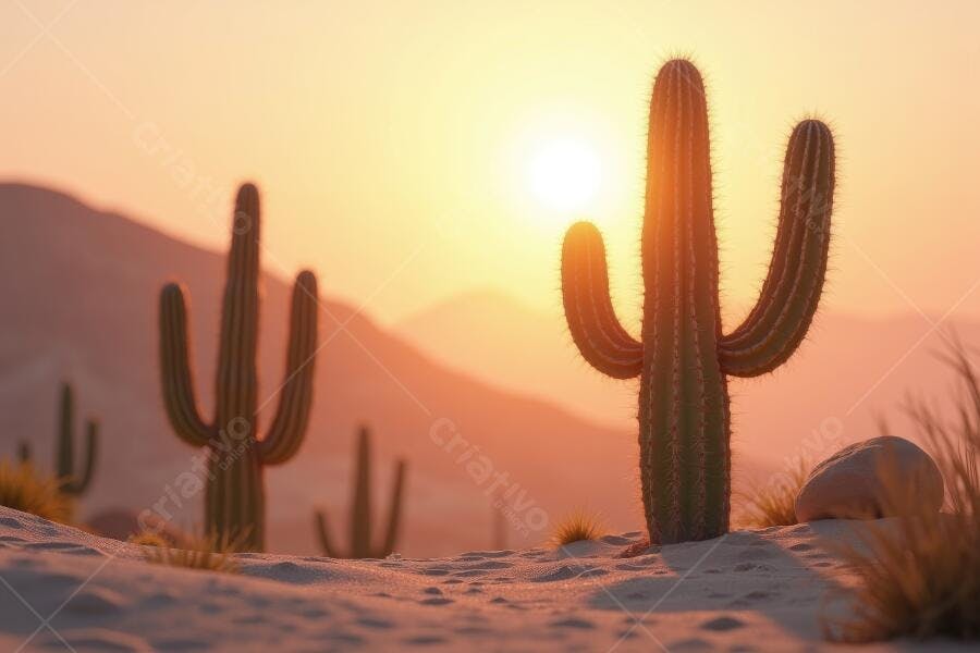 Foto Cactos Deserto Pôr do Sol Dourado Paisagem Natural