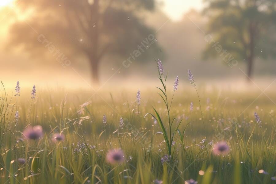 Foto Campo Flores Silvestres Manhã Neblina Dourada