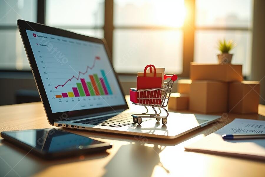 Foto Notebook Gráfico Vendas Carrinho Compras E-commerce