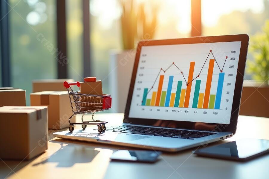 Foto Notebook Gráfico de Vendas Carrinho de Compras E-commerce