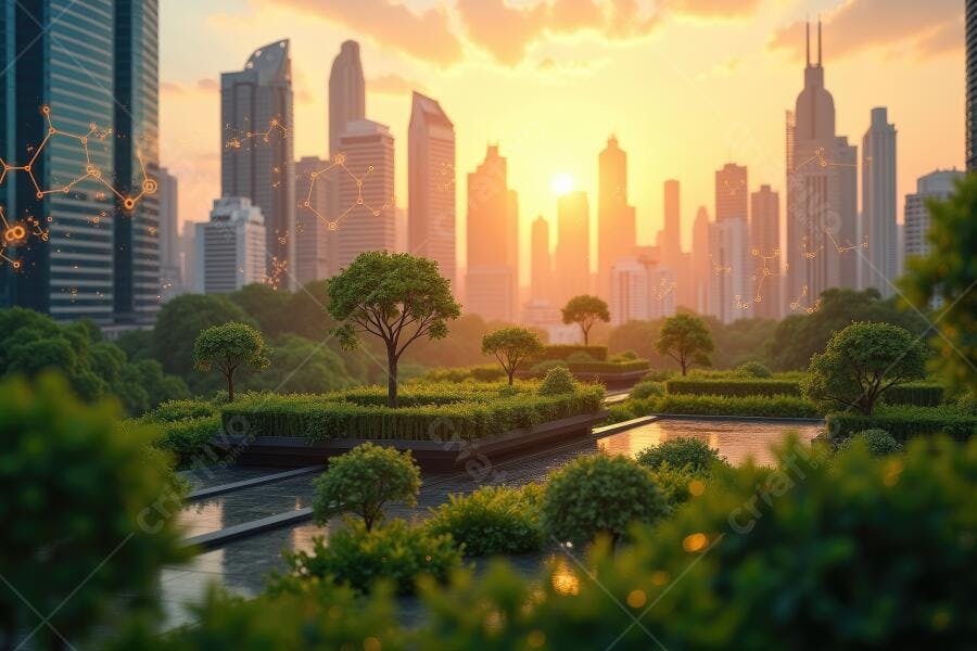 Foto Cidade Sustentável Arranha-Céus Parque Urbano Pôr do Sol