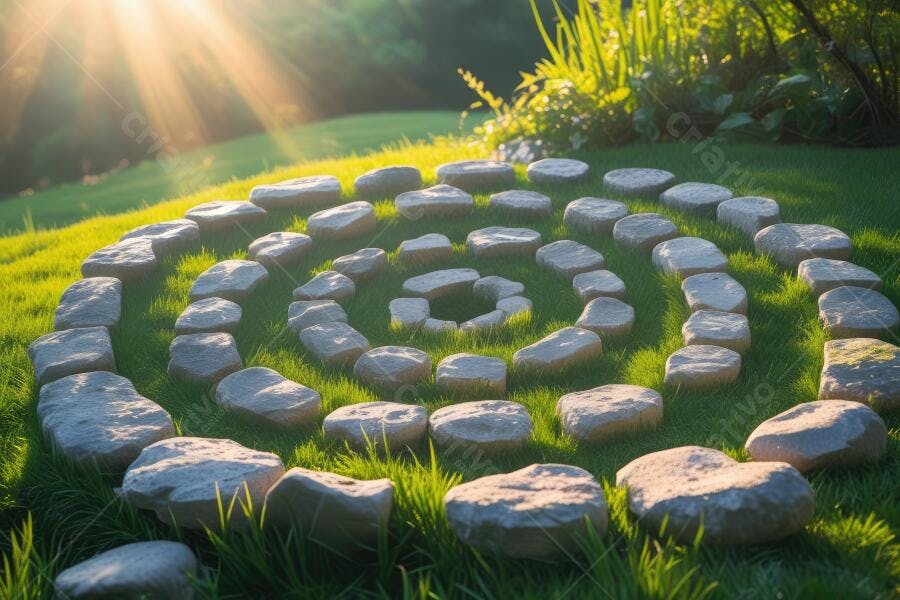 Foto Espiral de Pedras na Grama Iluminação Dourada Natureza