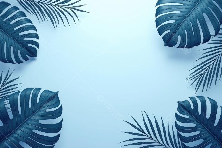 Foto Folhas Tropicais Monstera e Palmeira Fundo Azul Claro