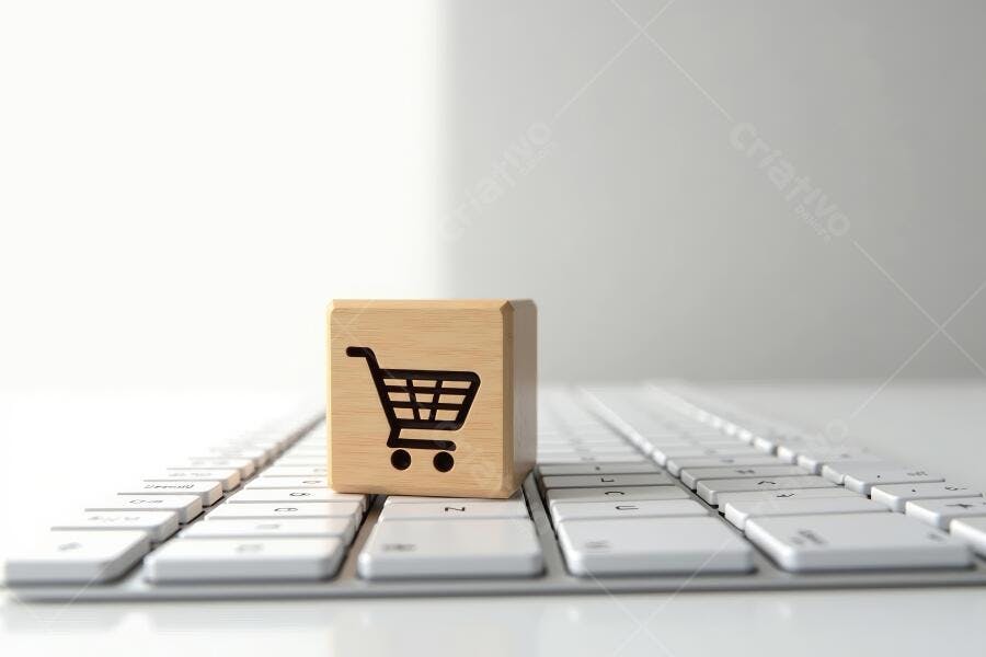 Foto Cubo de Madeira Carrinho de Compras Teclado Online