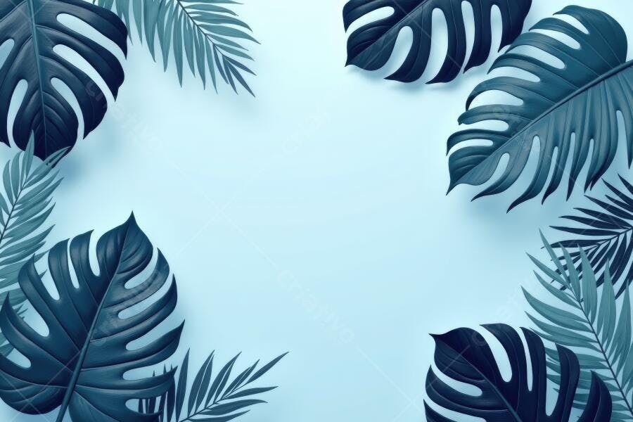 Foto Folhas Tropicais Monstera Fundo Azul Claro Verão