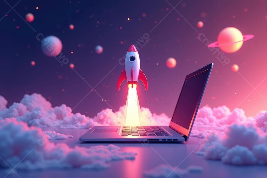 Foguete Decolando Notebook Nuvens Espaço Sideral Startup